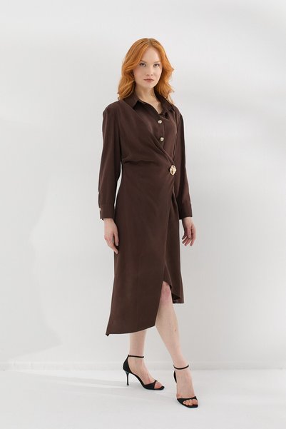 ONNO PRIVE Buckle Detailed Long Sleeve Brown Dress