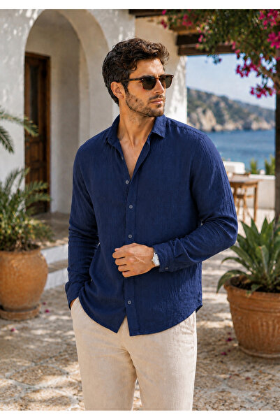 BM BALANCEMODA Țesătură de muselină semi-oversize pentru bărbați, cu mânecă l...