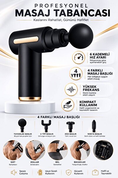 SUNASK Compact 6 Kademeli 4 Başlıklı Masaj Tabancası Darbeli Rahatlatıcı Masa...