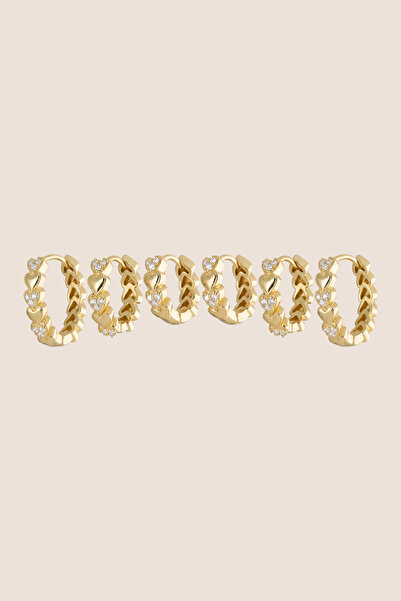 Hetra Gold Color Zircon Stone Row Heart Shaped 6-Piece Hoop Earring Set