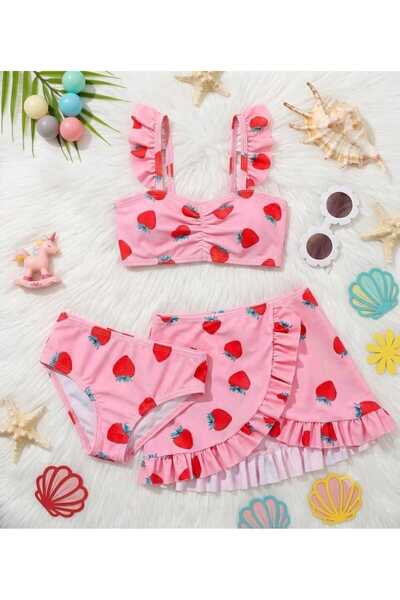 ARBİ kids Girls Strawberry Print Three-Piece Ruffled Skirt Swimsuit Bikini Set