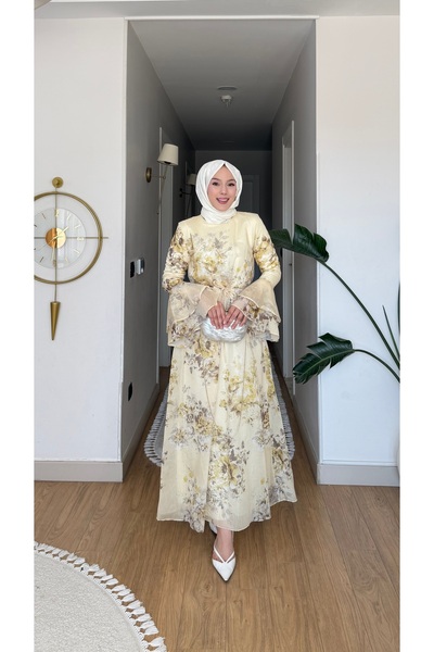 NİLNUR MODA Yeni Sezon Tasarım Marya Desenli Elbise Baskılı Modal Tül