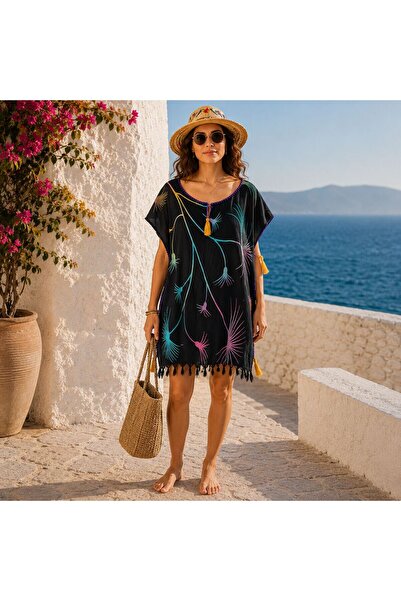 BIJUTERI Par-13034 Black Color Dandelion Patterned Şile Fabric Beach Dress & ...
