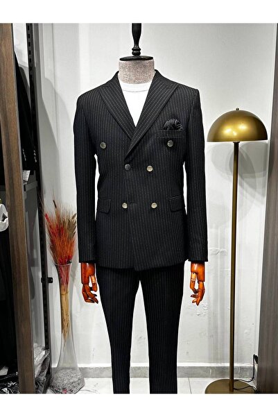 leonmen Double-Breasted Striped Slim Fit Suit Men's Sporty Navy Blue