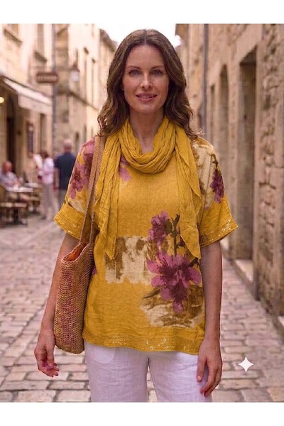AYASOFYA OTANTIK Women's Italian Daffodil Floral Patterned Sleeve and Hem Fri...