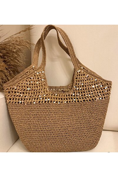 zümal tekstil tasarım Design Hand-Knitted Sequined Paper Rope Straw Bag