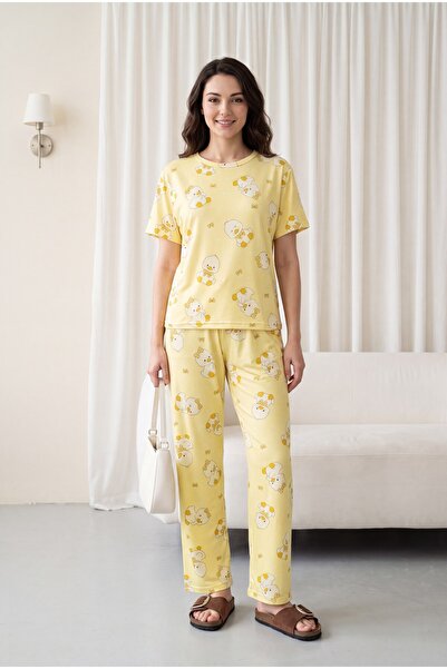HİJABAYA Duck Patterned Crew Neck Short Sleeve Combed Cotton Pajama Set