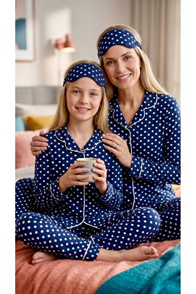 Enie Mother-Daughter Navy Blue Cotton Polka Dot Patterned Sleepwear Set with ...