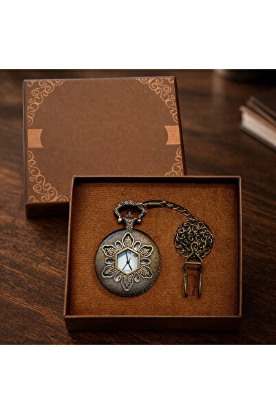 Lovesta Home Geometric Carved Design - Pocket Watch with Chain - Vintage Bronze
