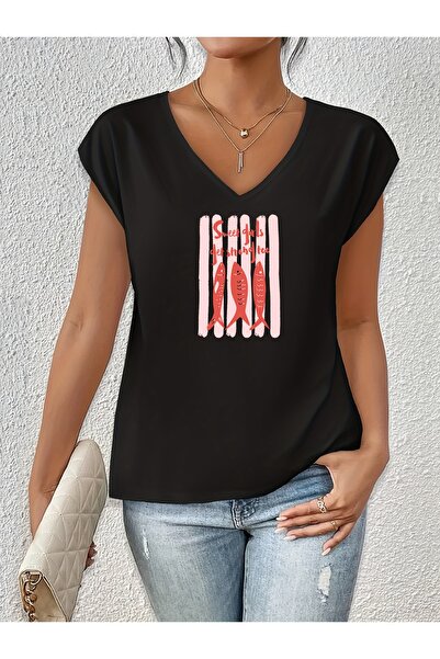 Deocept Women's Mix Printed V-Neck Sleeveless Regular Fit Comfortable T-Shirt