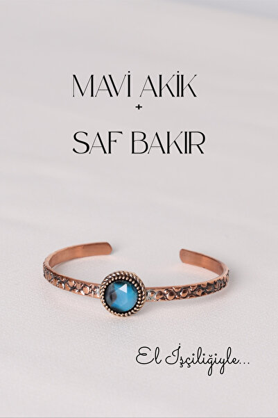 Store Akik Taşlı Doğal Taş Saf Bakır El İşçiliği Bilezik
