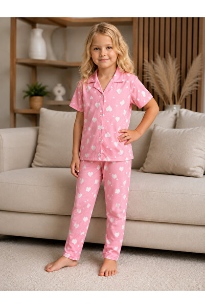 MORKUTU Kız Çocuk Pembe Kalp Desenli Düğmeli Pijama Takımı