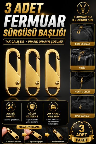 Hane Dostu 3 Adet Gold Fermuar Sürgüsü Başlığı Yedeği Tak Çalıştır Çanta Vali...