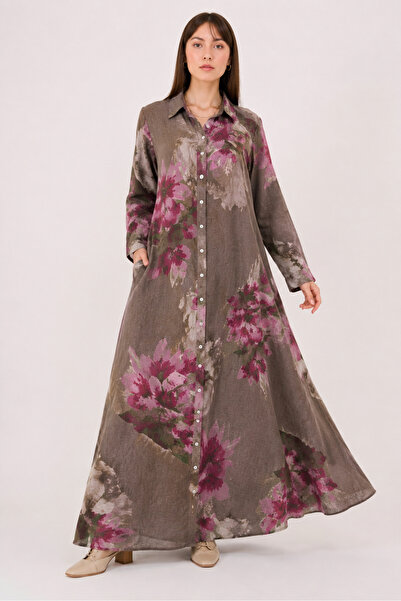 Butik Ayseba Park Moda Spring Floral Patterned Long Italian Linen Shirt Dress