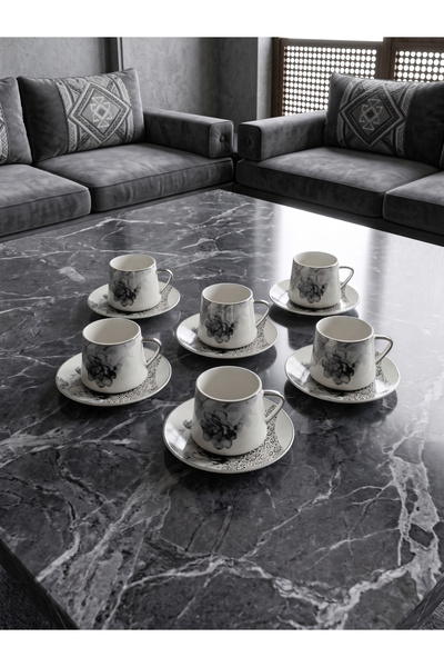 KOZE Arabic Calligraphy Ceramic Turkish Coffee Cup Set 12 Pieces - 6 Cups wit...