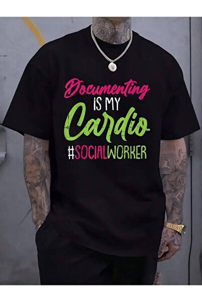 23ERVA تي شيرت كلاسيكي أسود للرجال والنساء بتصميم "Documenting Is My Cardio S...