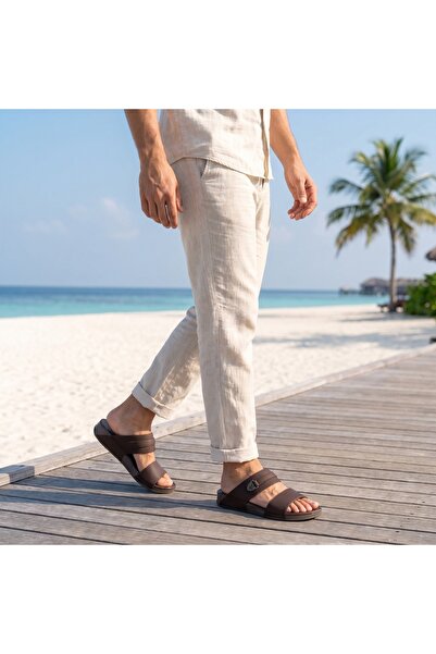 Lucky Steps Men's Slide Sandals Double Strap Casual PU Leather Thick Sole Non...