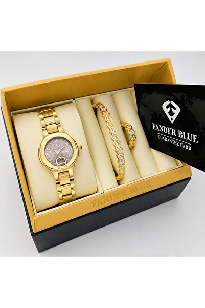 FANDER BLUE Luxury Women's 3 Piece Vender Blue Watch Set Gold Champagne Round...
