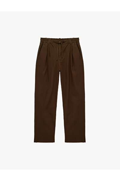 Koton Cotton Linen Blend Pocketed Pleated Slim Fit Tie-Waist Trousers