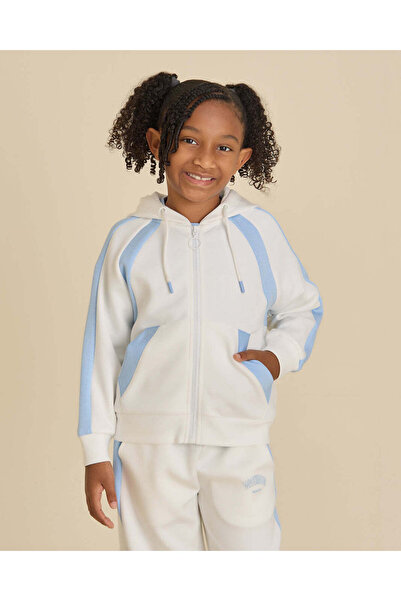 REDTAG Girls white And Blue Hooded Sweatshirt