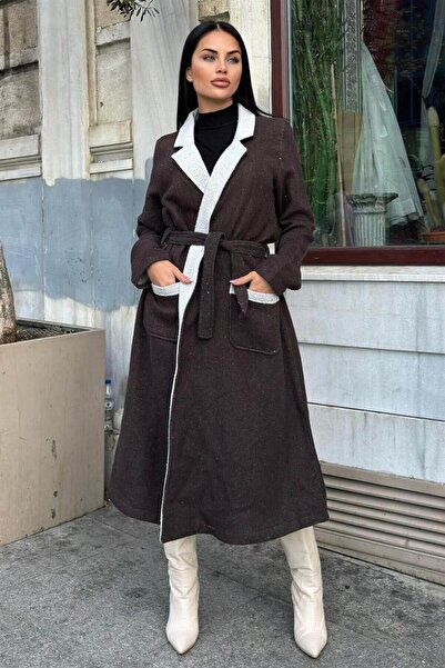 Moda4x4 Women's Clothing Brown Double-Sided Double-Breasted Collar, Belted, S...