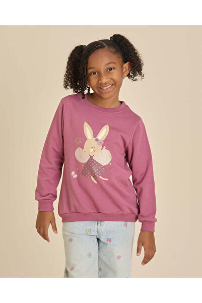 REDTAG Girls Burgundy Bunny Puff With Glitter Print Sweatshirt