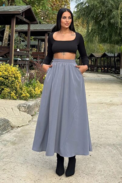 Moda4x4 Women's Clothing Gray Elastic High Waist, A-Line, Flowy and Loose, Lo...