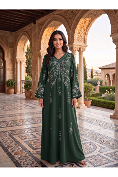 Finelook Silver Crystal Arabesque Embroidered Jalabiya with Belt | V-Neck Sca...