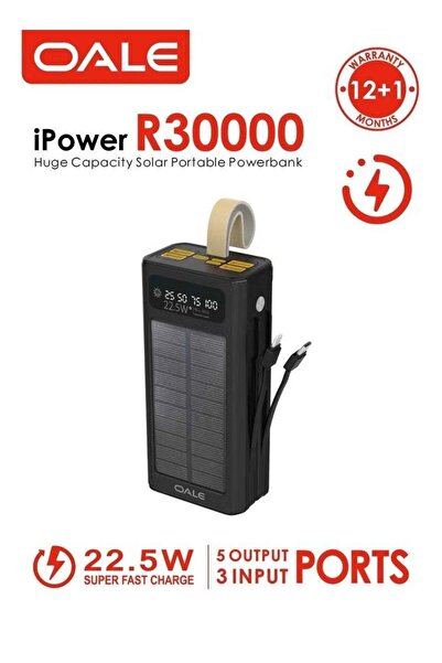 OALE 30000mAh Solar Power Bank, 22.5W Fast Charging, Built-in Type-C & Lightn...