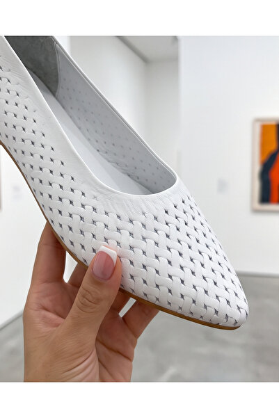 futsi shoes STELLA Beyaz Hakiki Deri Örgü Desenli Kadın Babet