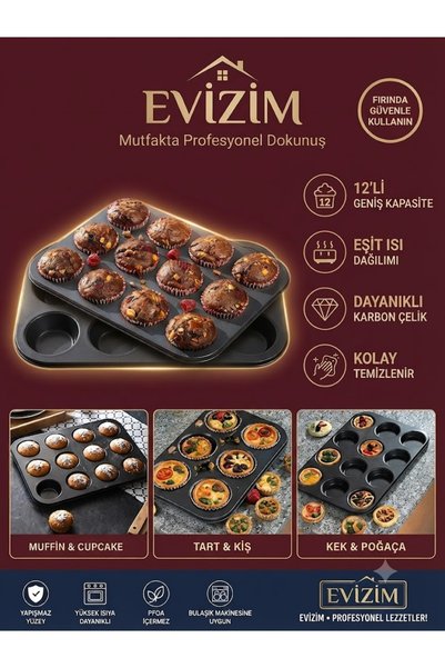 Evizim 12-Piece Muffin Mold Non-Stick Carbon Steel Cupcake Cake Baking Tray