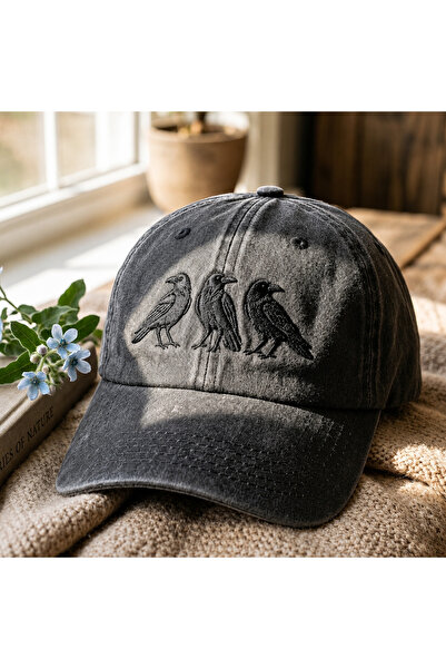 barsdepo Vintage Washed 3 Raven Embroidered Unisex Hat Anthracite Adjustable