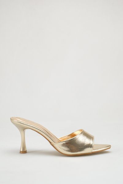 ELEVAM Women's Heeled Slippers – Mirrored Metallic Open Toe Thin Heel Evening Dress Slippers 9 cm