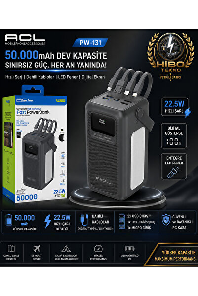 ACL PW-131 50000 mAh Powerbank 22.5W Hızlı Şarj Dahili Kablolu LED Fener Diji...