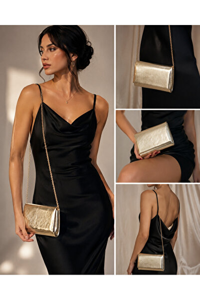 Kadın Metalik Gold Ekstra Zincirli 0muz Çapraz ve Abiye Portföy Clutch Çanta