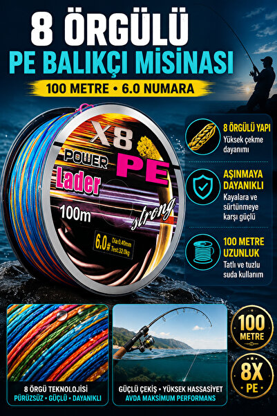 Hane Dostu 100 Metre 8 Örgülü Polietilen Balıkçı Misinası 6.0 Numara Çok Renk...
