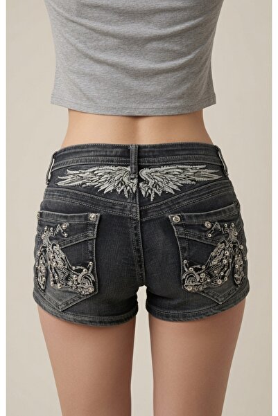 Köstebek Washable Denim Fabric Stoned Skull Wings Mini Shorts