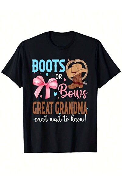 KYMC07 تي شيرت Great Grandma - تي شيرت قطني أسود بطبعة 'Boots Or Bows'، برقبة...