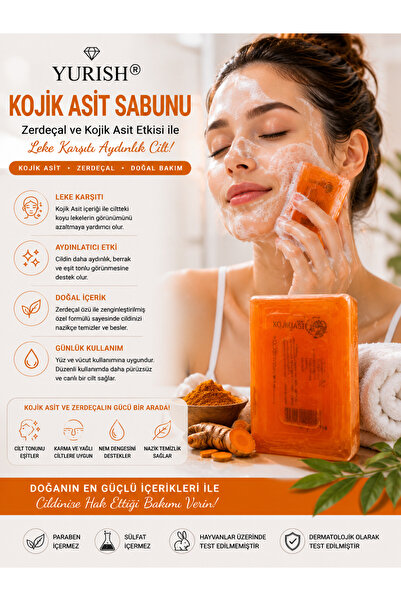 YURISH Kojik Asit Sabunu (Zerdeçal Ve Kojik Asit) Leke ve Kırışıklık Karşıtı Kojic Asit Sabunu