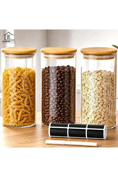 Elindor Set of 3 Elindor® Glass Jars with Airtight Bamboo Lid, Jar 1500 ml, M...