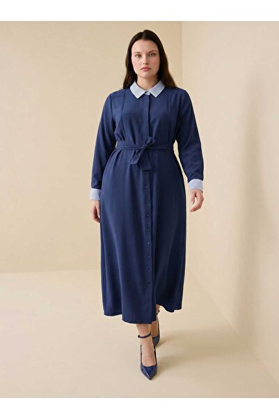 ALİA Plus Size Modal Dress with Collar and Sleeve Details - Navy Blue -