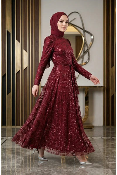 sefamerve Silvery Belted Hijab Evening Dress 5808-03 Claret Red