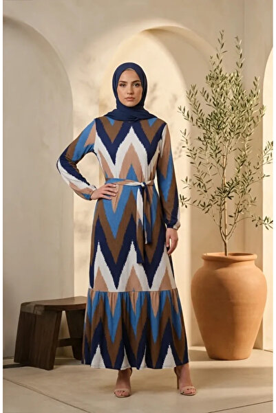 sefamerve Bürümcük Fabric Zigzag Patterned Hijab Dress 0580A-01 Indigo Brown