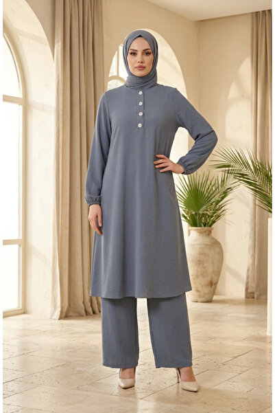sefamerve Aerobin Fabric Half Buttoned Hijab Double Set 4148-05 Gray