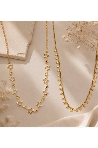 Alışveriş Kasabası 2-Piece Star Patterned Steel Gold Necklace