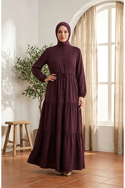 sefamerve Hakim Collar Buttoned Layered Hijab Dress 0336-03 Plum