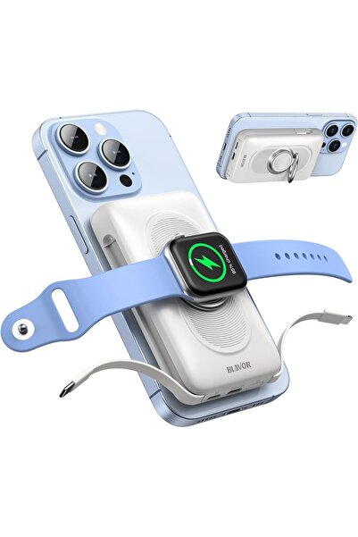 BLAVOR شاحن محمول مع كابلات مدمجة، شحن سريع USB C بقوة 20 واط، بنك طاقة لاسلك...