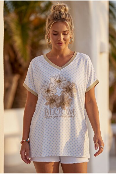 Chiccy Italian White V-Neck Low Sleeve Polka Dot Thin Stone Flower Printed Ca...