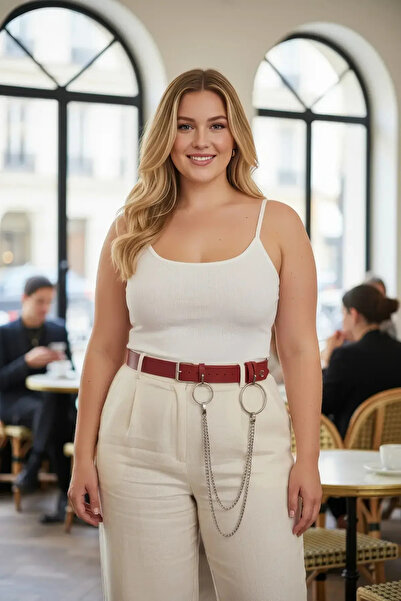 Angels Passion Plus Size Burgundy Women's Leather Belt with Ring and Chain De...