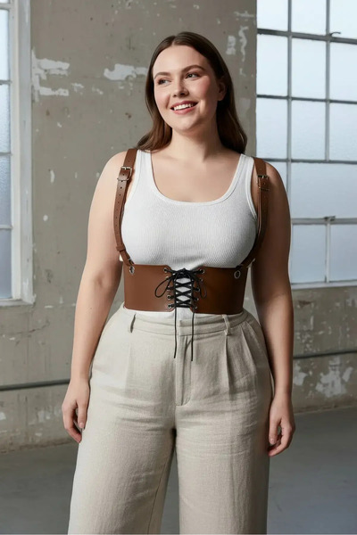 Angels Passion Plus Size Tan Women's Corset Belt with Shoulder Straps and Lac...